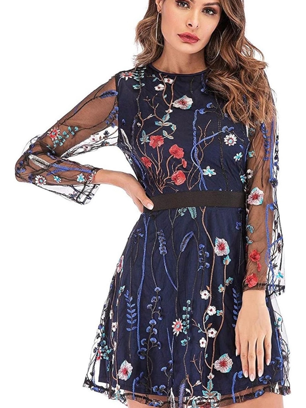 Sheer Navy Floral Embroidered Dress - Elegant Women's Party Dress